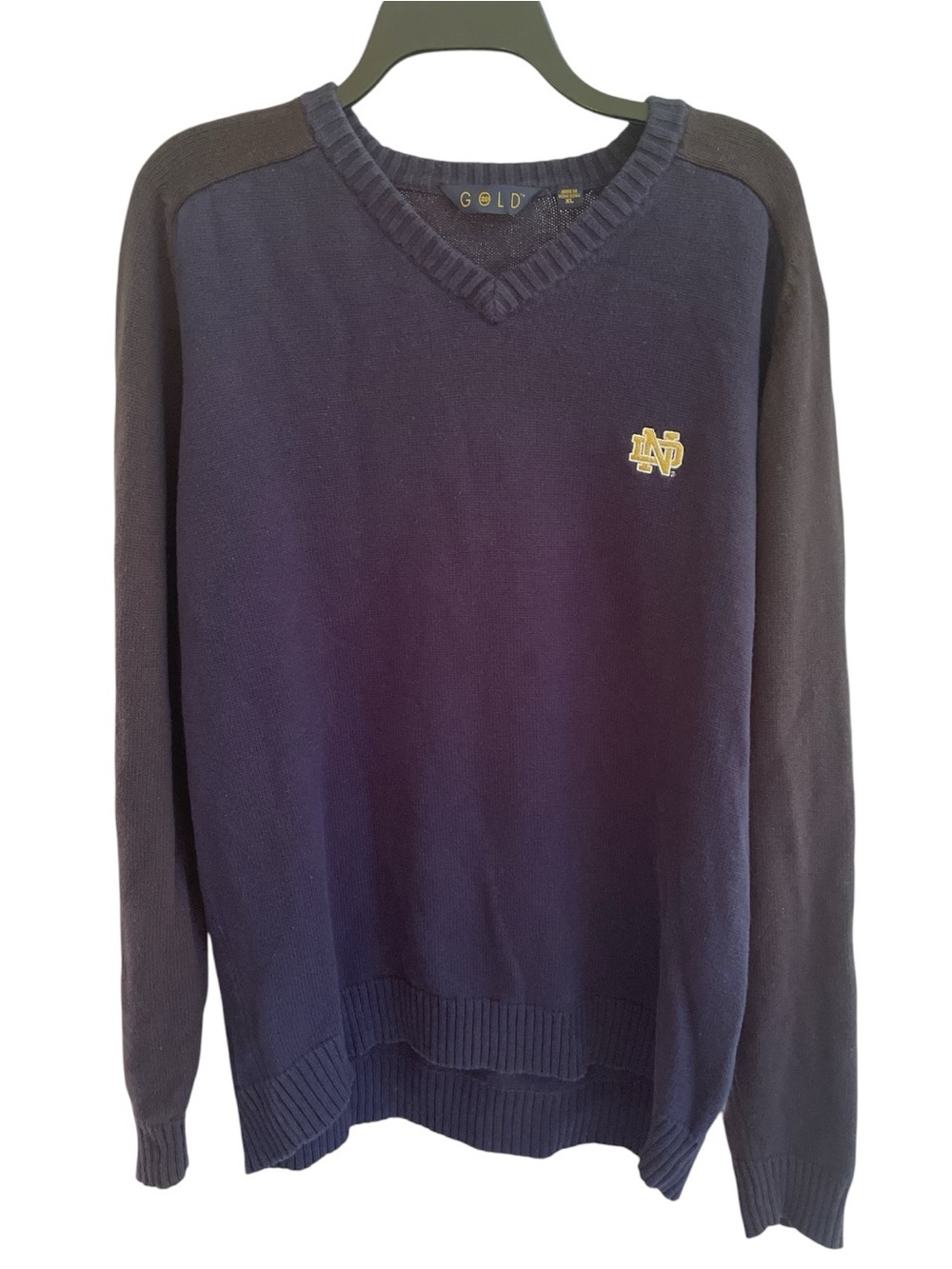 Vintage 90s Notre Dame GOLD Cotton V Neck Sweater XL Navy Black Heritage Gameday
